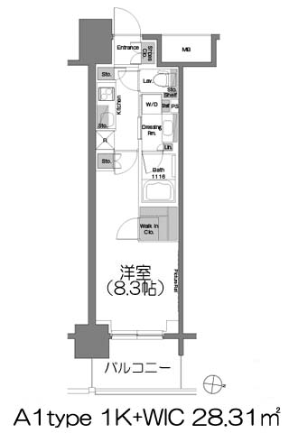 ザ・パークハビオ堂島 A1type 1K+ウォークインクローゼット 28.31㎡の間取図