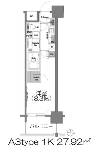 ザ・パークハビオ堂島 A3type 1K+ウォークインクローゼット 27.921㎡の間取図