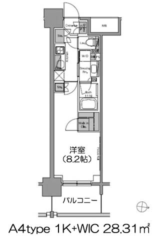 ザ・パークハビオ堂島 A4type 1K+ウォークインクローゼット 28.31㎡タイプの間取図