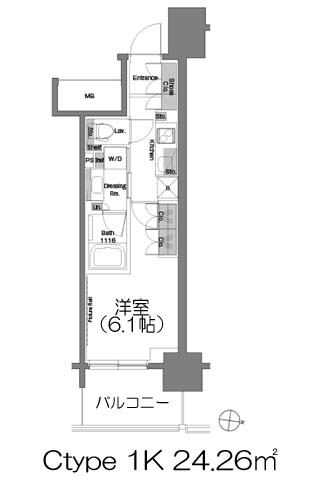 ザ・パークハビオ堂島 Ctype 1K24.26㎡の間取図