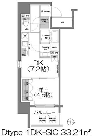 ザ・パークハビオ堂島 Dtype 1DK+シューズインクローク 33.21㎡の間取図