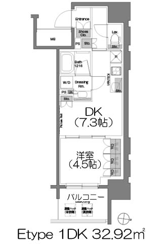 ザ・パークハビオ堂島 Etype 1DK 32.92㎡の間取図